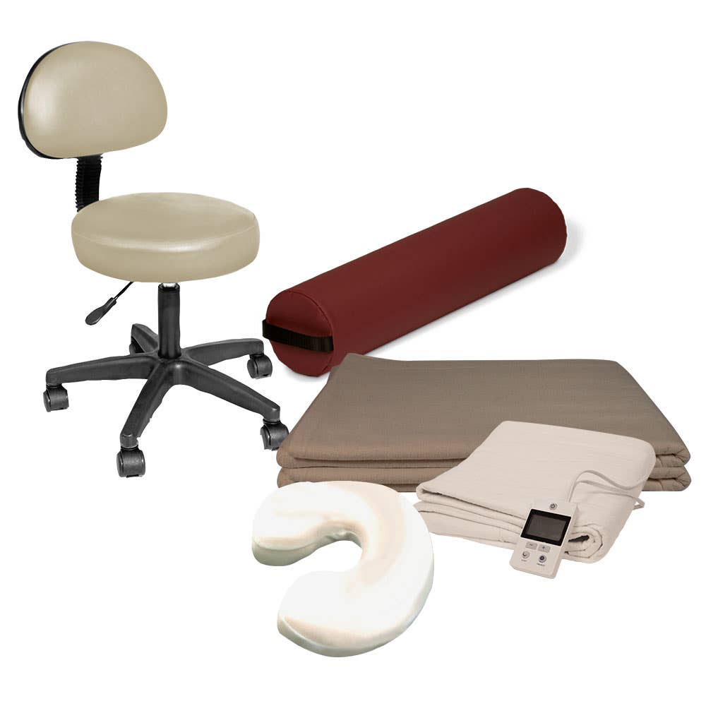 Professional Massage Bundle - Rolling Stool, Bolster, Sheets, Table ShelfMore