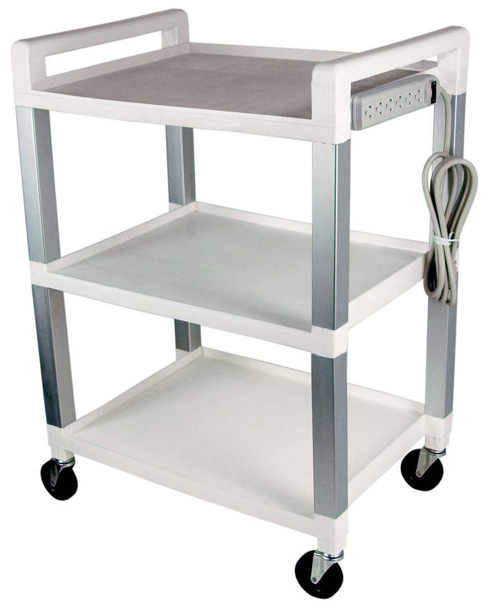 Poly Three Shelf Rolling Cart with Power Strip
